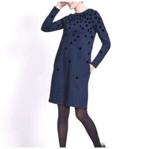BODEN Cotton Flocked Knit Navy Blue Velvet Polka Dot Long Sleeve Dress Size 14